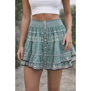 M.A.B.E Smocked Tiered Cotton Boho Mini Skirt Green Small